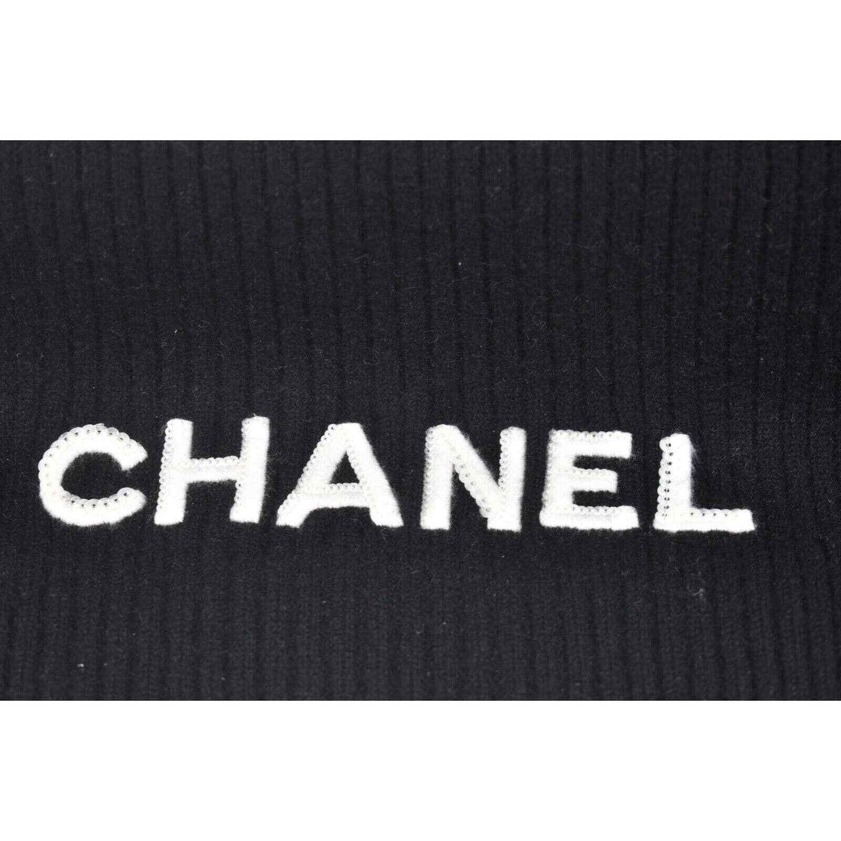 Chanel 22B Cashmere Black White Sequin CC Letter Logo Winter Scarf