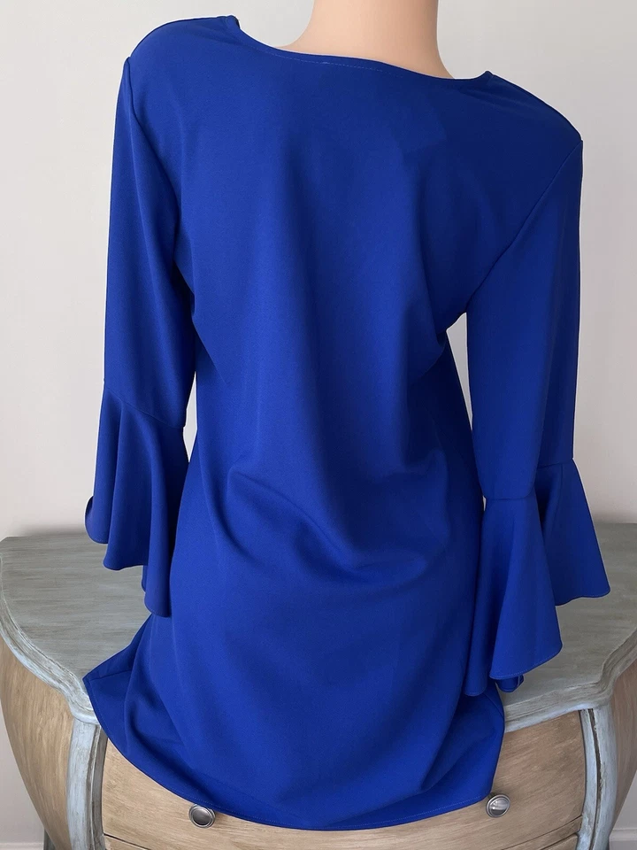 Mini Vestido Everly Anthropologie Azul Real 14 XL Campana Estilo Volantes Slv Cuello en V Foto 3 de 4