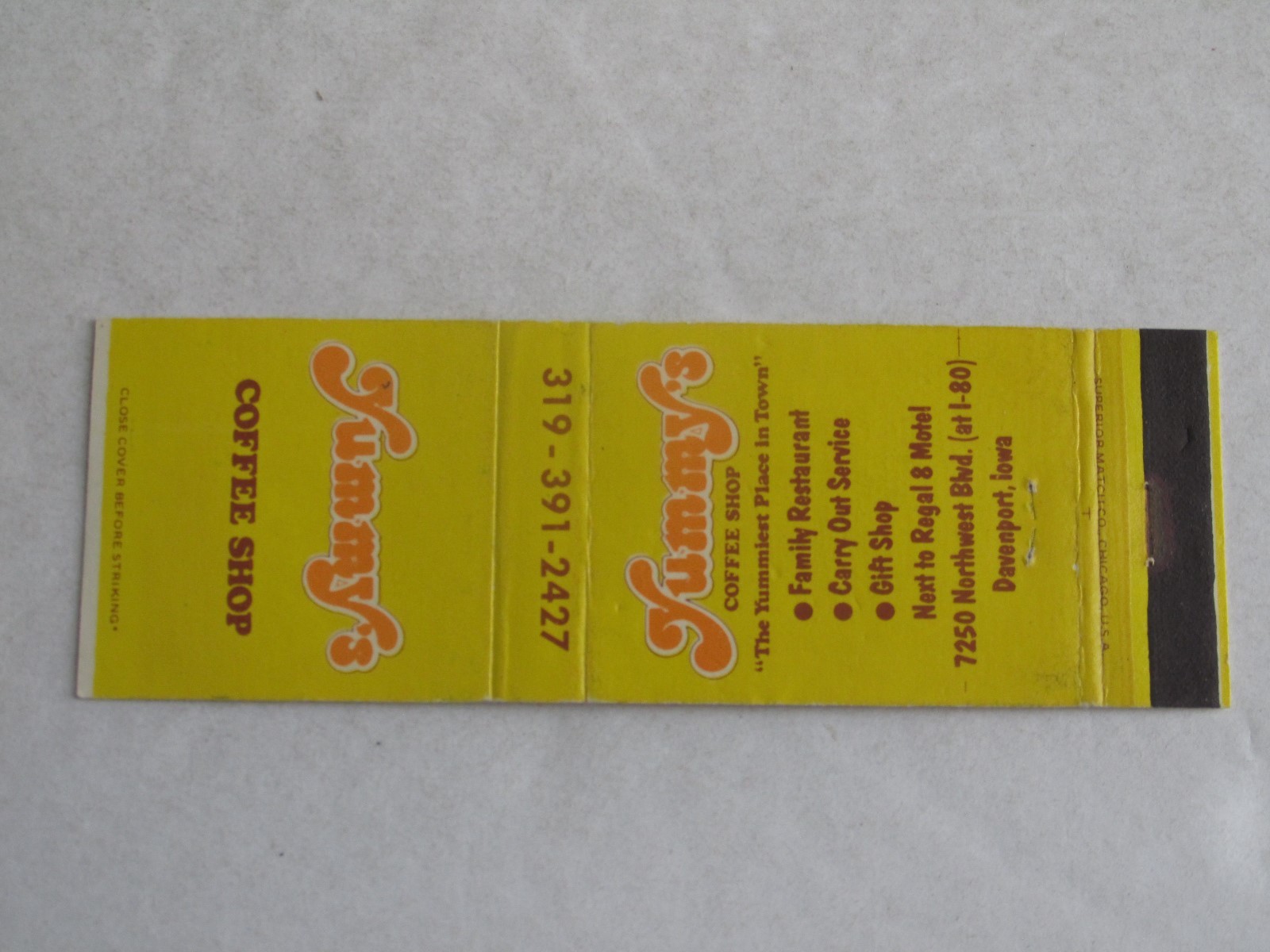 S168 Vintage Matchbook Cover IA Iowa Yummy's Coffee Shop Davenport eBay