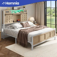 60"x80"x49" Queen Size Bed Frame Storage Headboard w/ Sliding Door Plug In Port
