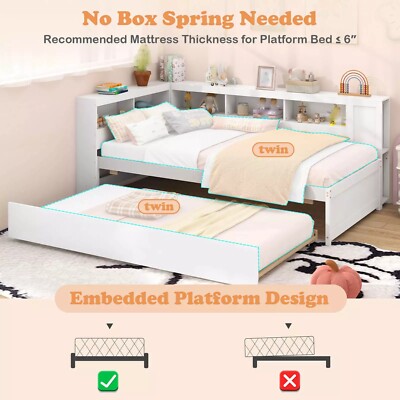 Twin Size Daybed with Trundle Bedside Shelves Reversible Bookcase Headboard
