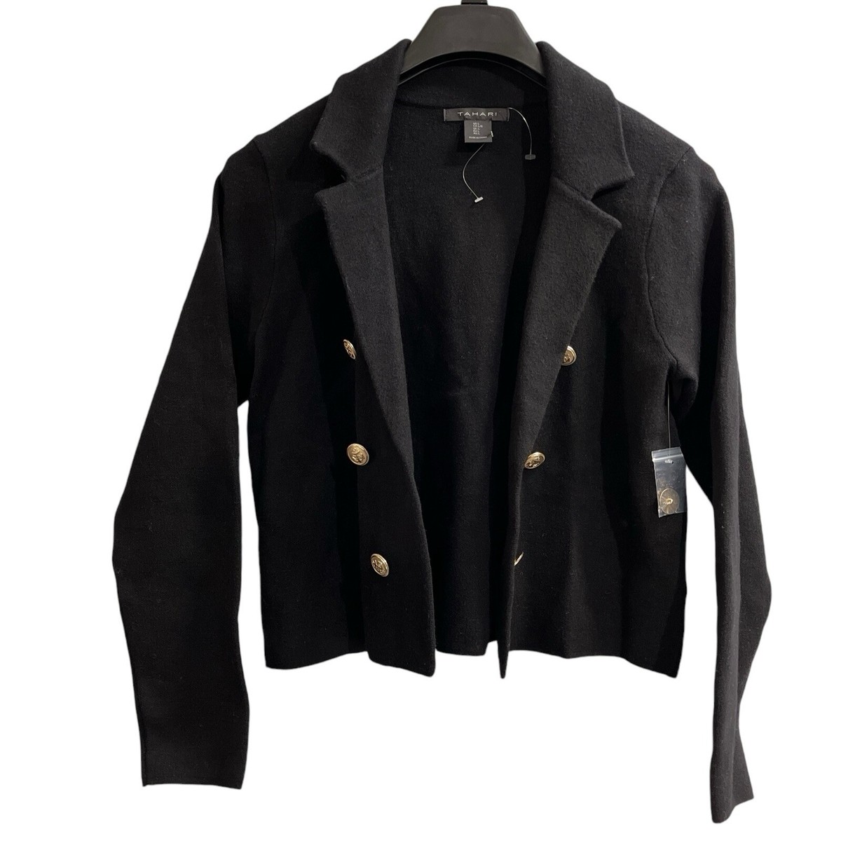 Tahari Sweater Blazer Womens L Black Open Front Gold Buttons Crop