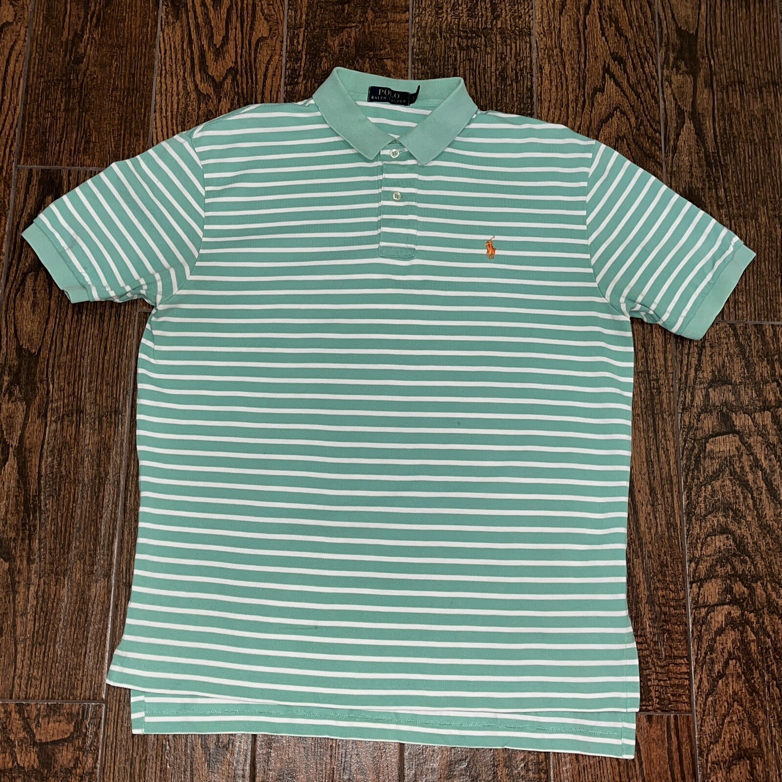 Polo Ralph Lauren da uomo pony verde acqua manica corta a righe colletto L