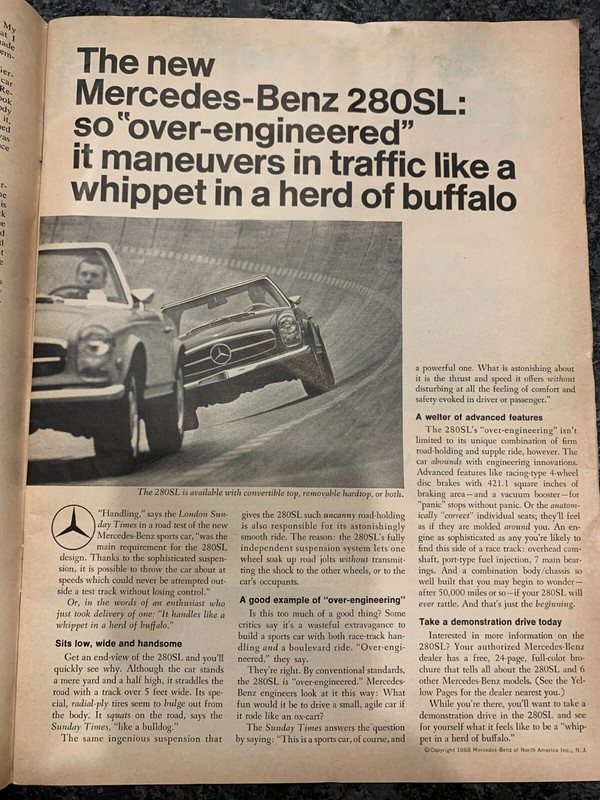 1968 Mercedes 280SL full page magazine ad 9x11"- Road and Track June 1968