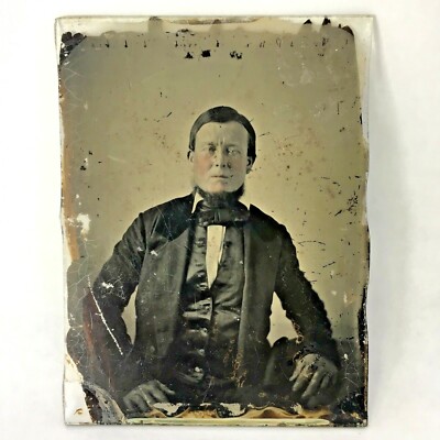Antique Ambrotype 1800s Man In Suit Chinstrap Chin Curtain Beard Reverse Photo 