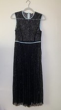 Maje Dress Black Lace Pleated Sheer Blue Piping Tea Length Dress