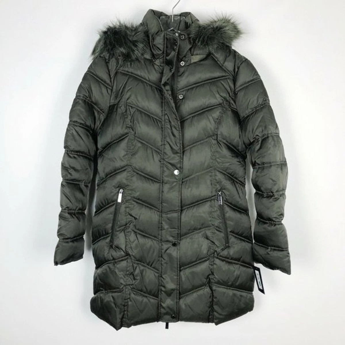 NWT Kenneth Cole Quilted Puffer Jacket Coat Faux Fur Trim Hood