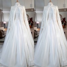 Muslim Wedding Dresses with Cape High Neck Long Sleeve Sweep Train Bridal Gown