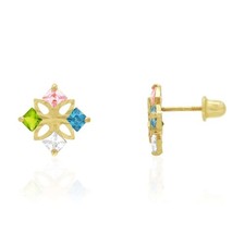 Princess-Cut Multicolor Gemstone Square Screw Back Stud Earrings 14k Yellow Gold
