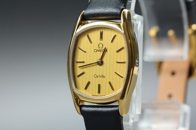 Vintage 1982 Omega De Ville Quartz Push Crown Tonneau Gold Dial Women's Cal.1387