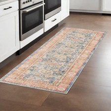 8' Coral And Blue Oriental Runner Rug