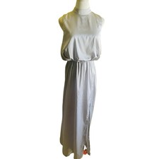 CIDER Satin Maxi Dress Silver Size S Mock Neck Tie Back Side Slit NWT