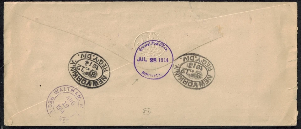 Cubierta registrada Dominica 1914 OHMS con SG 47aw, 51a, 52 y RARA púrpura GPO Foto 2 de 2