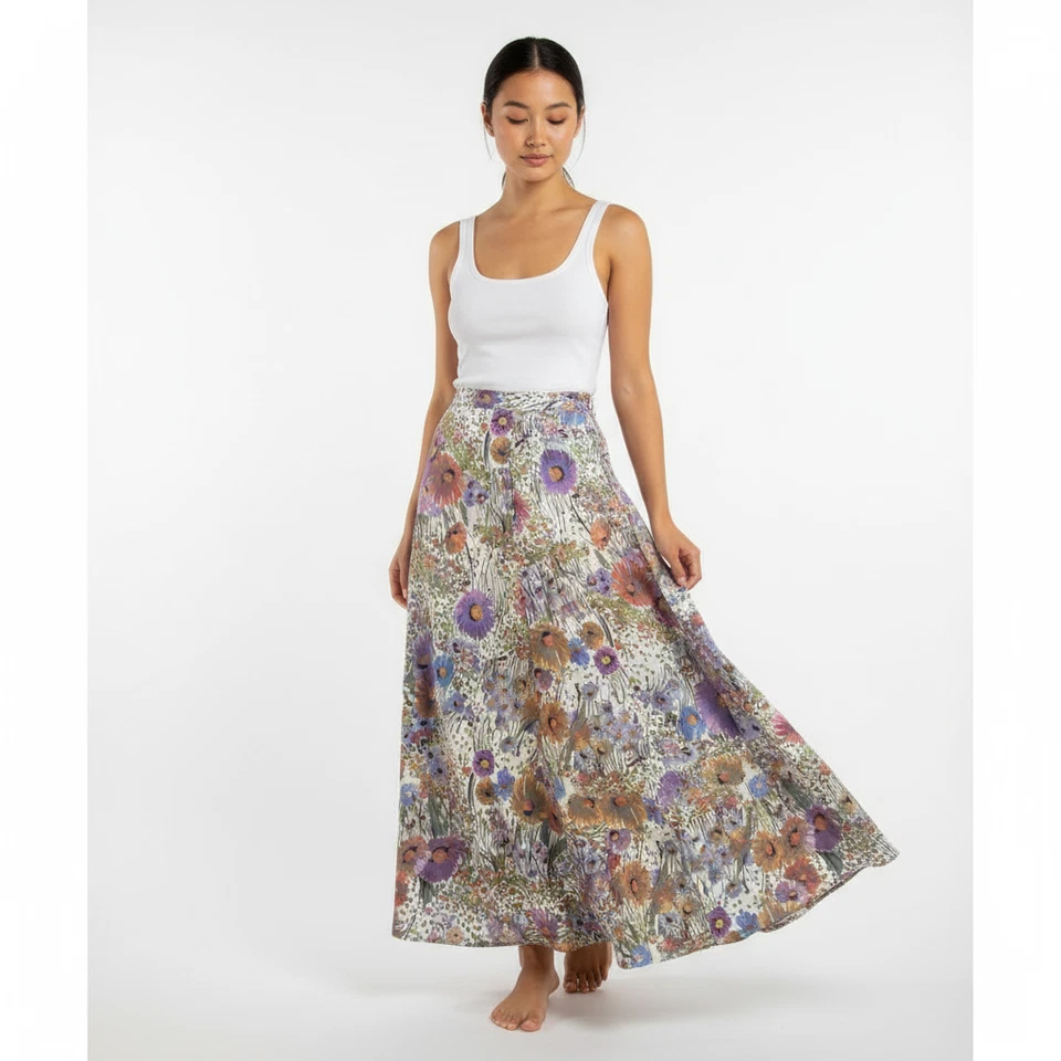 Womens 60s Maxi Skirt Size Small Multi-Color Floral Print Flowy Vintage - Image 2 of 4