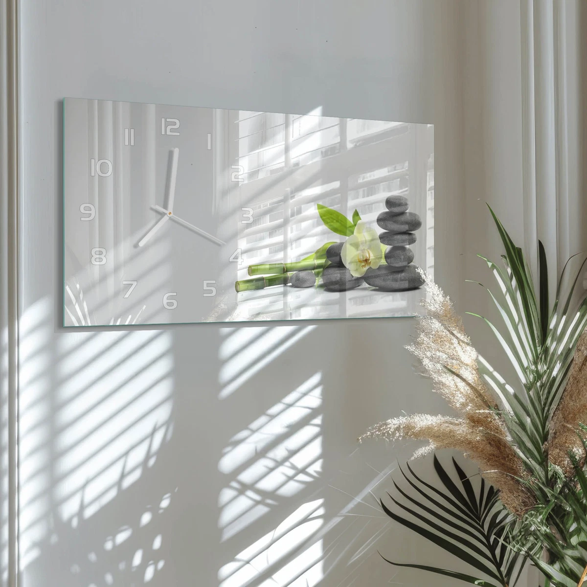 Reloj de Pared Rectangular Horizontal Vidrio Templado Premium Orquídea 60x30 cm