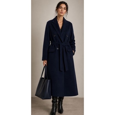 Massimo Dutti  Navy Blue Wool Coat With Belt Handmade Double Breasted Size 6 New