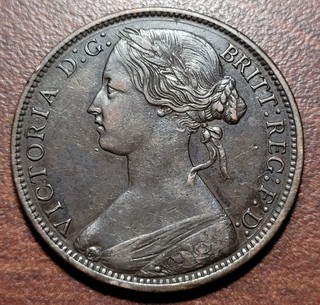 UK Great Britain 1865 Penny EF XF Original Toning Victoria Young Head 1d