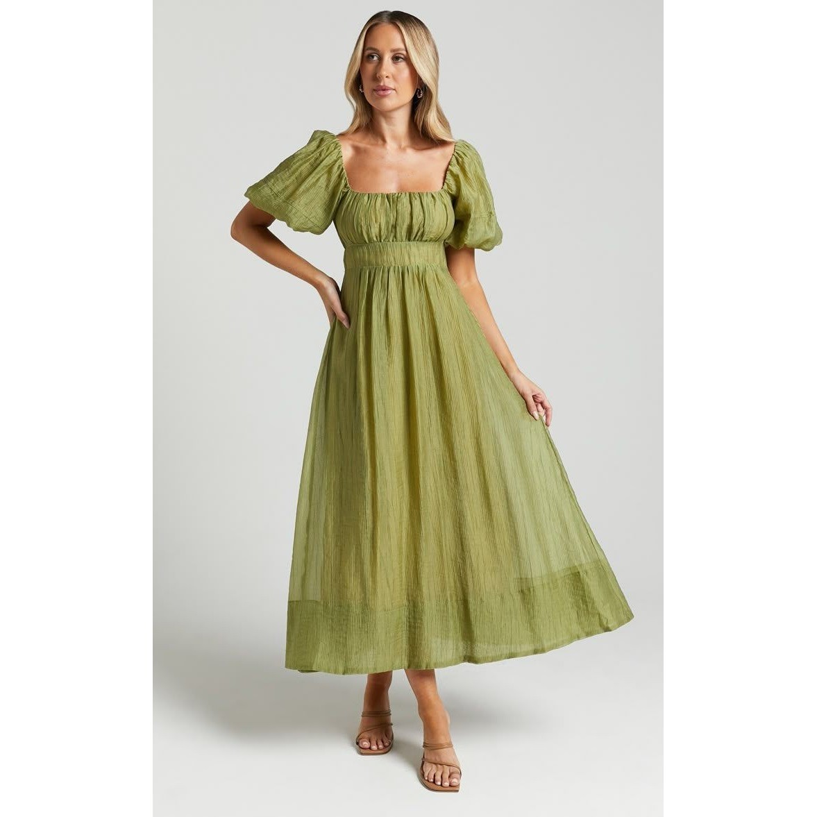 Showpo Roshina Maxi Dress Puff Sleeve Square Neck Olive Green Size 8 Showpo Roshina Maxi Dress Puff Sleeve Square Neck Olive Green Size 8