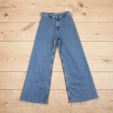 Zara Wide Leg Jeans Women 6 Blue Medium Wash No Side Seams Raw Hem High Rise
