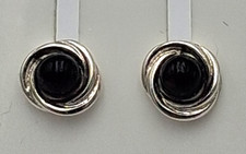 Black Amber Twist Design Dark Natural Stone Round 925 Silver Earrings