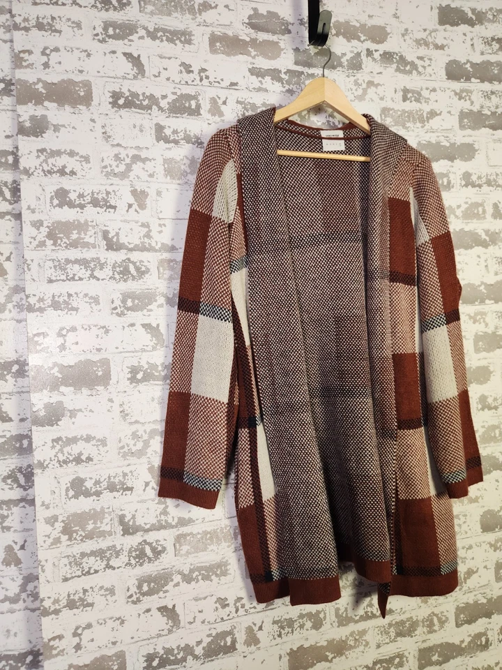 Cárdigan con Capucha a Cuadros Bloques de Color Talla XL Marrón Óxido Boho Acogedor Otoño Vibraciones Foto 2 de 4
