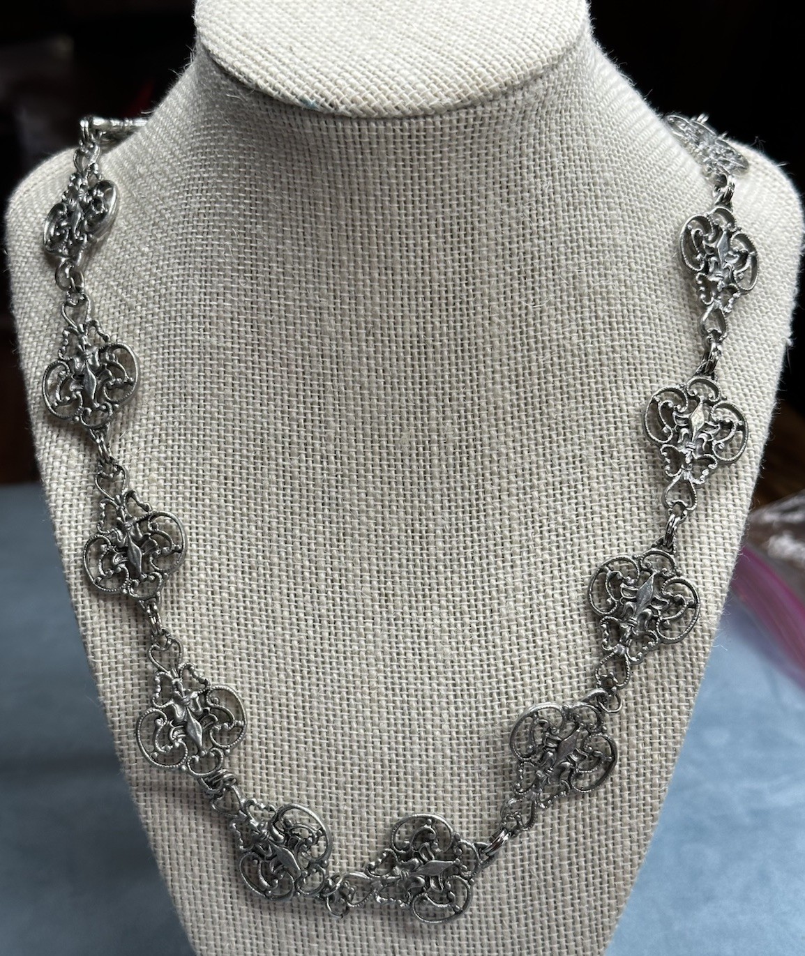 Vintage Ornate Large Filigree Link Necklace Art Nouveau Style 34”
