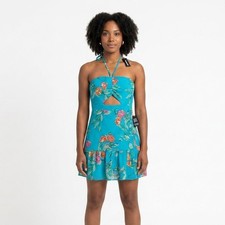 Express Halter Mini Dress Teal Floral Tiered Ruffle NWT Small