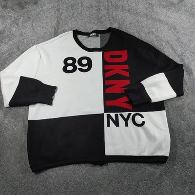 DKNY Pullover Damen 3XL schwarz weiß rot Block Logo Rundhals