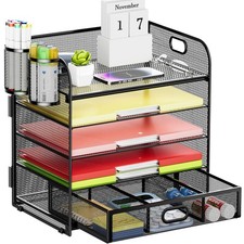 Best 5 Tier Paper Organizer for Desk, Letter Tray with Drawer and 2 Pen Holders
