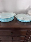 2 VTG Pyrex Turquoise Snowflake Large Oval Casseroles w/ Lids (2) 2.5 &1.5 Quart