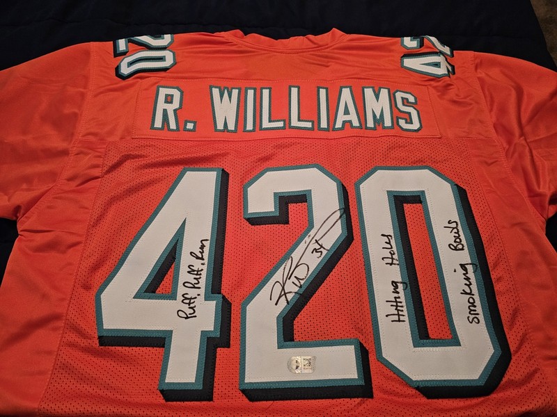 Ricky Williams signed and multi-inscribed custom 420 Dolphins jersey (SWAU)
