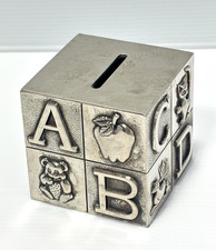 Vintage Silver Plated ABC Alphabet Block, Baby Coin Bank, As Is Condition