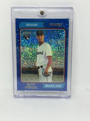 Eury Perez 2023 Topps Heritage #545 Chrome Blue Sparkle Refractor Rookie