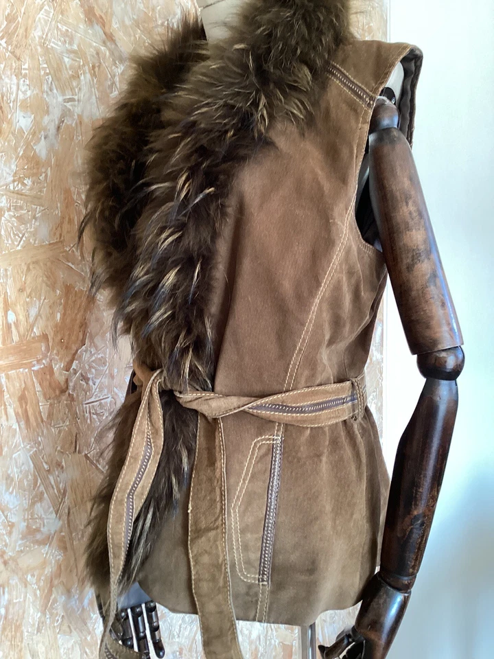 Gilet En Cuir Et Fourrure Style Bohème Hippie Afghan Vintage - Photo 4/4