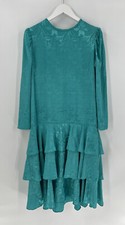 Lady Carol Vintage Dress Womens 10 Teal Blue Satin Maxi Floral Tiered Ruffles