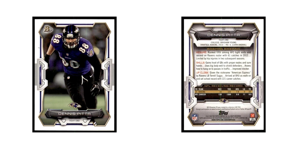 2015 Bowman Dennis Pitta Football Cards #19 - Image 3 of 3