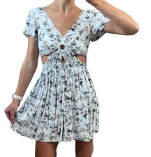 American Eagle Womens XS Light Blue Floral Keyhole Short Sl Mini Fit Flare Dress
