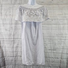 Ann Taylor LOFT Womens Off The Shoulder Dress Sz XS White Blue Embroidered