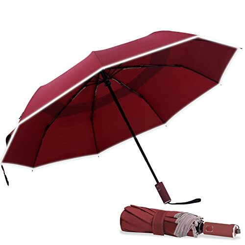 Windproof Travel Umbrella, Strong Compact Folding Umbrella with Double Red - Picture 2 of 7