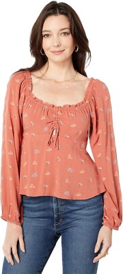 Lucky Brand Long Sleeve Printed Top Etruscan Red Multi LG (US 10-12)