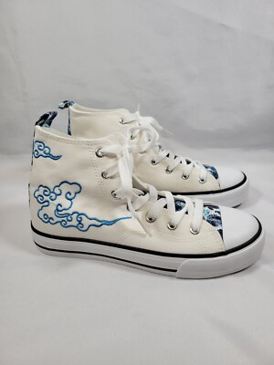 Womens 7 Canvas High-Top Sneakers Embroidered Clouds Floral White And Blue