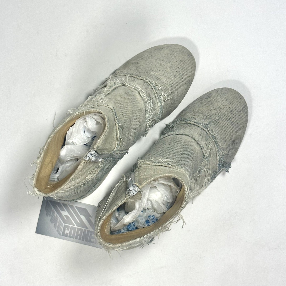 MM6 Maison Margiela Distressed Light Denim Patchwork Ankle Boots