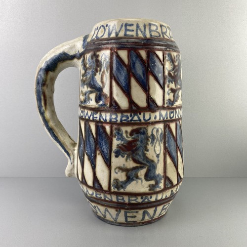 Large beer stein Löwenbräu Munich, Bavaria, unique 4L ceramic, scratch decor glazed