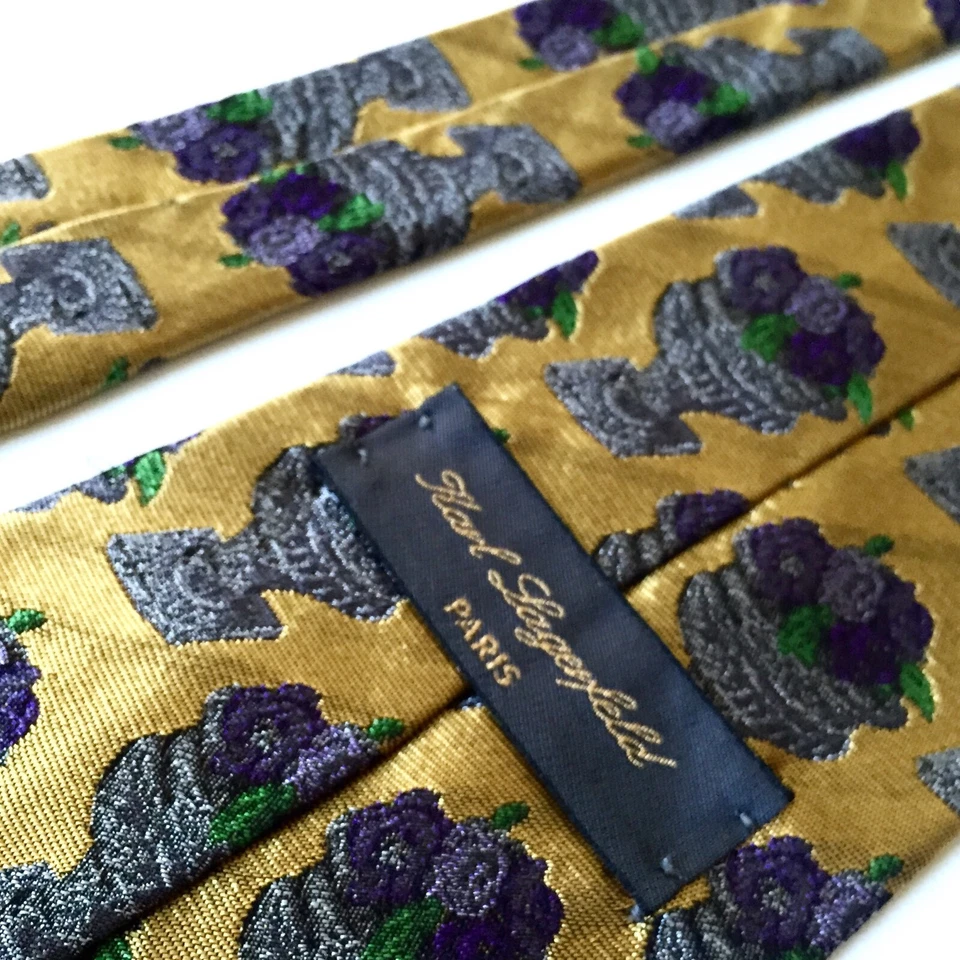 Karl Lagerfeld Mens Vintage Retro Silk Tie Textured Italy Gold Purple Designer - Image 2 of 4