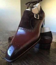 Bespoke Single Strap Monk Brown Leather & Suede Shoes, Men's Brogue Dress Shoes