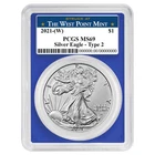 2021 (W) $1 Type 2 American Silver Eagle PCGS MS69 West Point Label Blue Frame