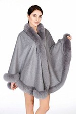 Cashmere Cape 3-Ply Thick Cashmere with Fox Fur Trim Cape Coat for Winter Poncho