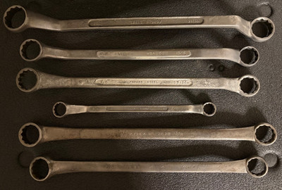 SIX VTG VLCHEK 12pt Deep Offset Dbl Box Wrenches Alloy Steel 1/2''   1''.  1940's