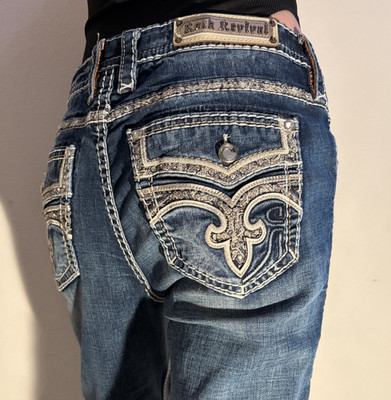 Size 32 ROCK REVIVAL Jeans FLEUR DE LIS Buckle DEA Sparkly Stitches RHINESTONES