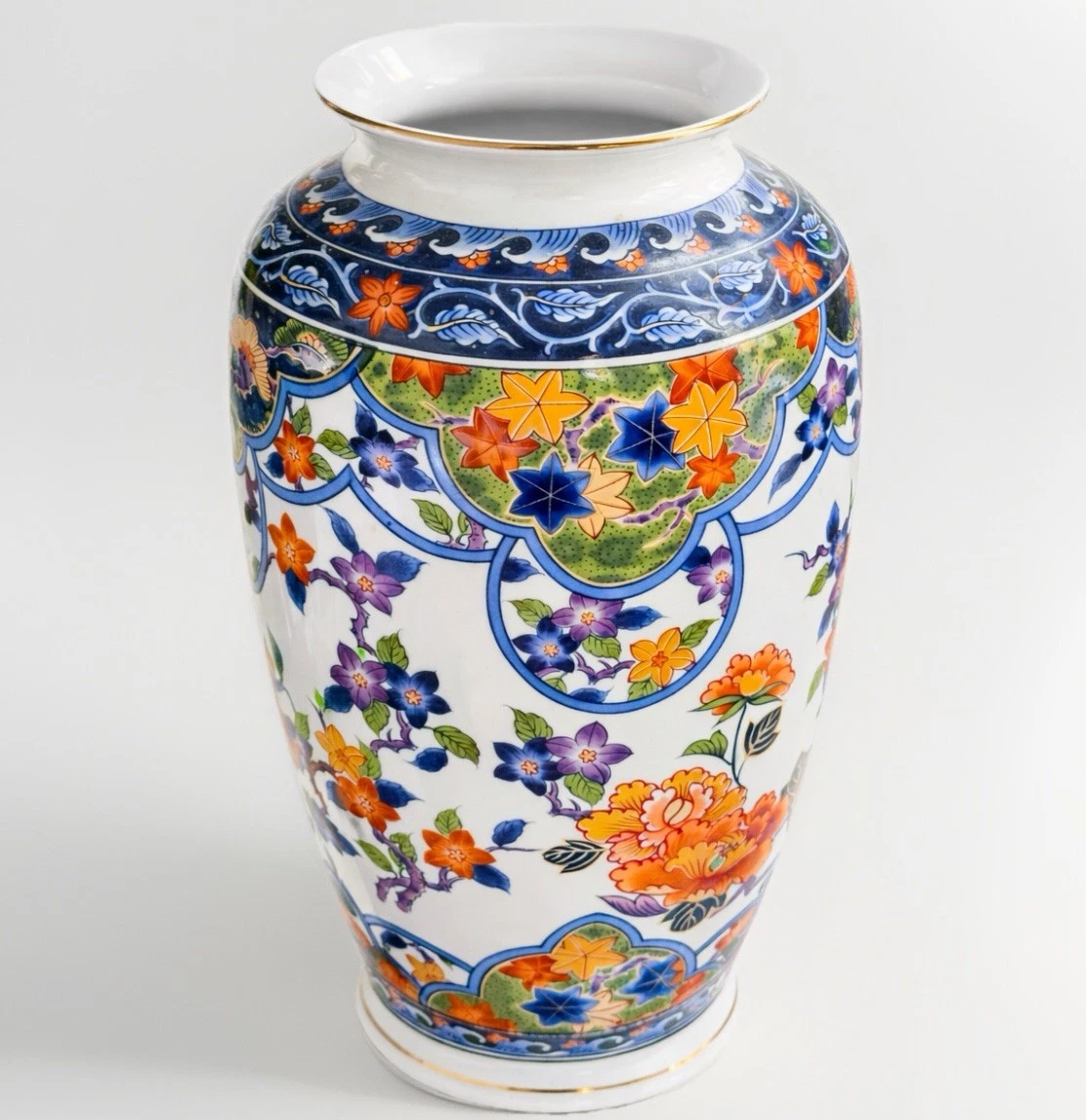 Vintage Japanese Imari Style Porcelain Vase Large Floral Multicolor Gold Rim